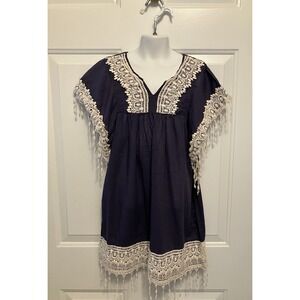 Garnet Hill Kids Blue Embroidered Boho Top‎ Shirt Tunic Size Large 14/16